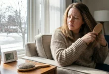 A candid photograph of a woman looking concerned while brushing her hair in a living room. A humidifier and a thermostat showing "Dry Air" are on the table, along with a hairbrush full of strands, illustrating winter hair shedding caused by central heating.