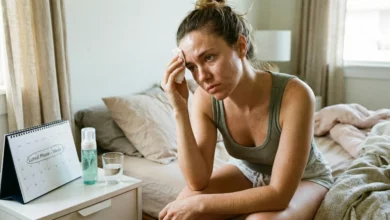 A candid photograph of a woman with oily skin sitting on a bed, blotting her forehead with a tissue. A desk calendar beside her is marked "Luteal Phase - Week 3," and a bottle of cleanser is on the nightstand, illustrating hormonal skin changes.