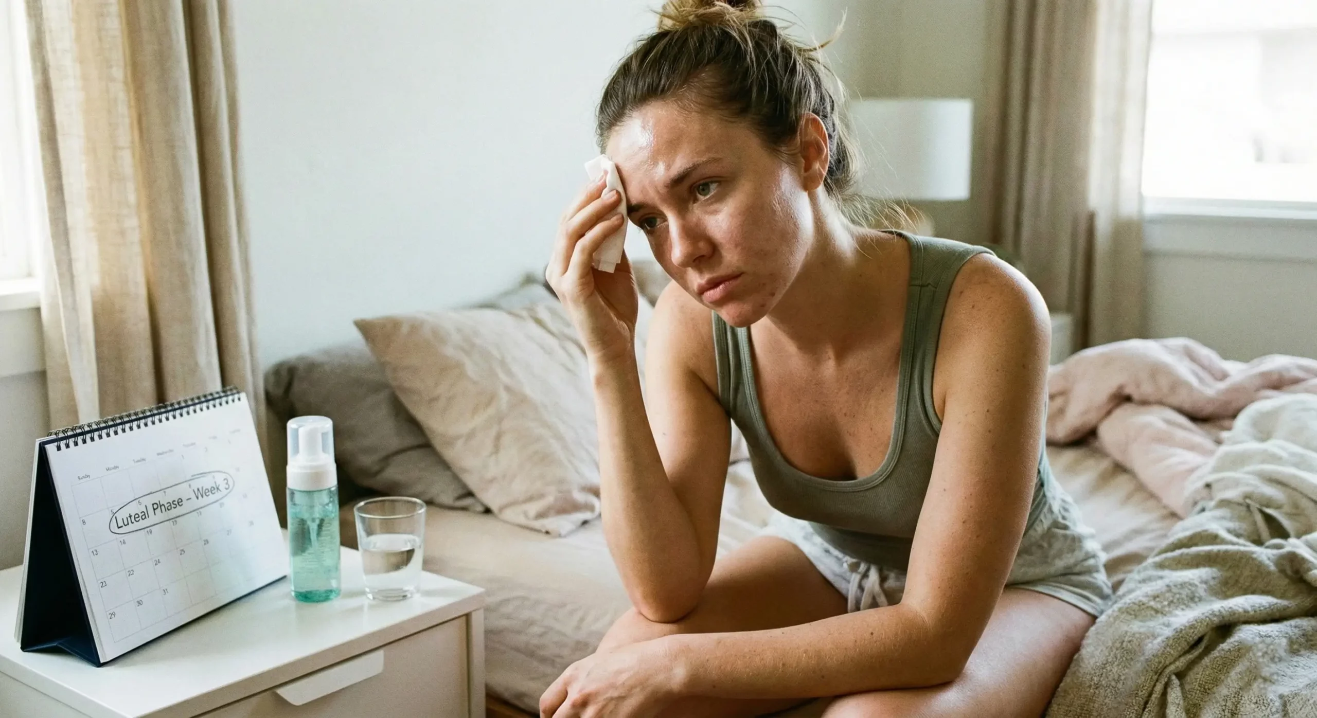 A candid photograph of a woman with oily skin sitting on a bed, blotting her forehead with a tissue. A desk calendar beside her is marked "Luteal Phase - Week 3," and a bottle of cleanser is on the nightstand, illustrating hormonal skin changes.