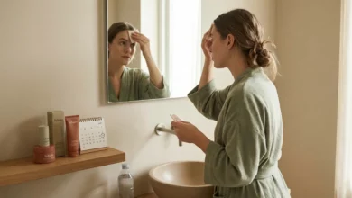 A woman in a robe blotting excess oil from her T-zone in front of a bathroom mirror. A calendar pointing to the luteal phase and Sylvaia skincare products are on the shelf, illustrating hormonal influences on skin.