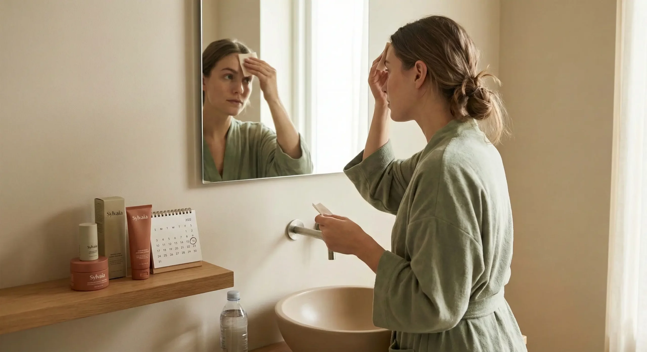 A woman in a robe blotting excess oil from her T-zone in front of a bathroom mirror. A calendar pointing to the luteal phase and Sylvaia skincare products are on the shelf, illustrating hormonal influences on skin.