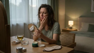 A tired woman examining skin aging signs in a mirror at a vanity with cigarettes, an ashtray, and a jar of Sylvaia night cream, illustrating the impact of sleep deprivation and smoking on skin health