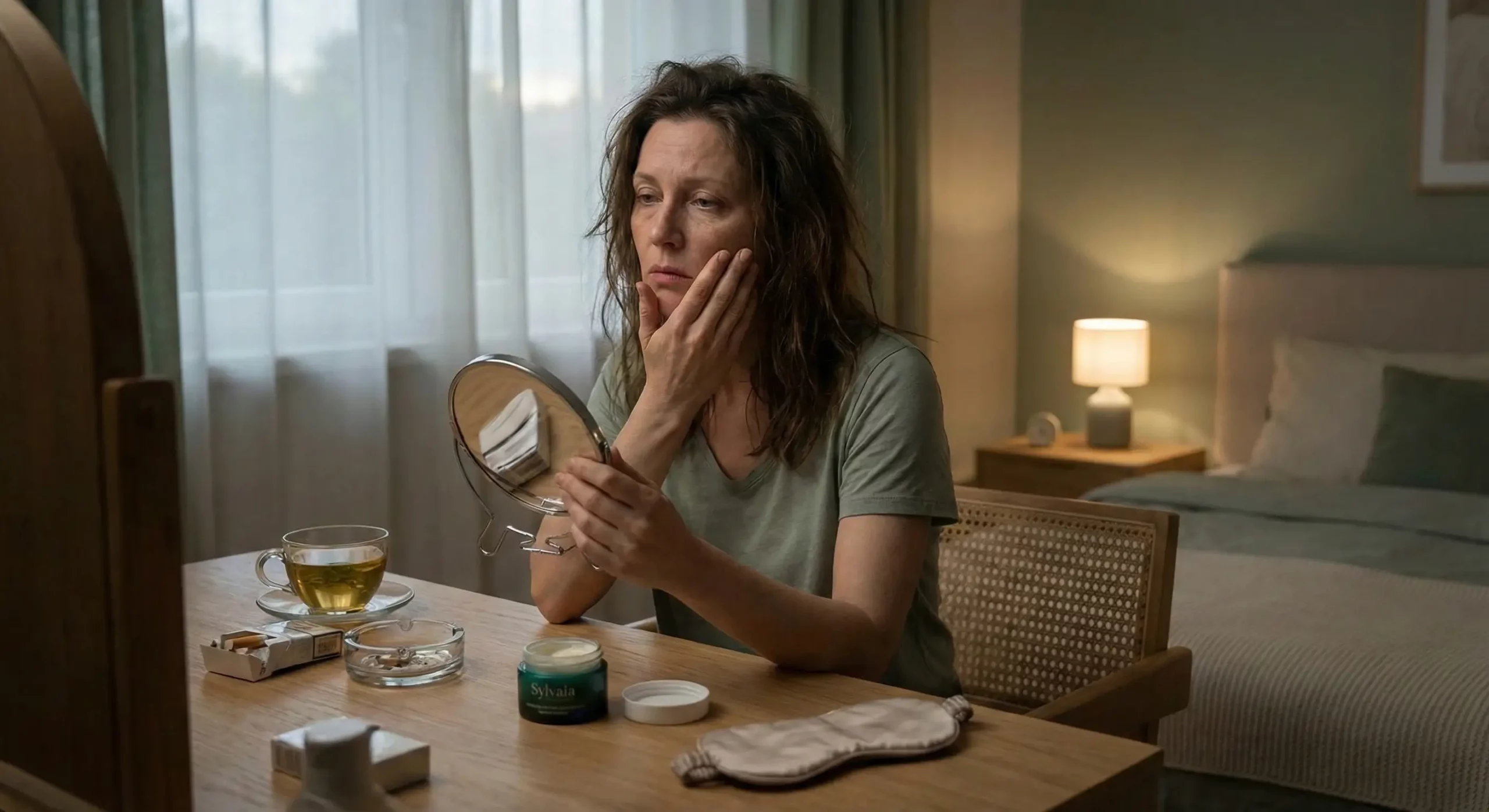 A tired woman examining skin aging signs in a mirror at a vanity with cigarettes, an ashtray, and a jar of Sylvaia night cream, illustrating the impact of sleep deprivation and smoking on skin health