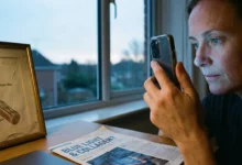 A candid photograph of a woman's face illuminated by blue light from a smartphone screen. On the desk beside her are a framed diagram of a skin collagen fiber and a newspaper article with the headline "BLUE LIGHT & COLLAGEN?", illustrating concerns about screens accelerating skin aging.