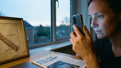 A candid photograph of a woman's face illuminated by blue light from a smartphone screen. On the desk beside her are a framed diagram of a skin collagen fiber and a newspaper article with the headline "BLUE LIGHT & COLLAGEN?", illustrating concerns about screens accelerating skin aging.