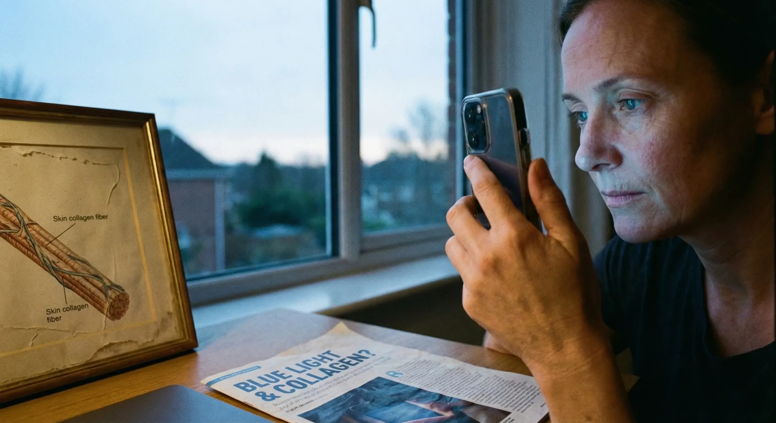 A candid photograph of a woman's face illuminated by blue light from a smartphone screen. On the desk beside her are a framed diagram of a skin collagen fiber and a newspaper article with the headline "BLUE LIGHT & COLLAGEN?", illustrating concerns about screens accelerating skin aging.