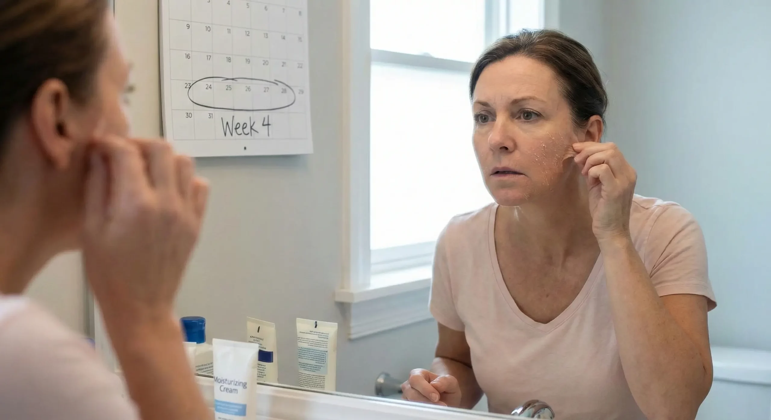 A candid photograph of a woman with dry, flaky skin on her cheek, examining her face in a bathroom mirror. A calendar with "Week 4" circled is visible behind her, and moisturizer tubes are on the counter, illustrating skin dehydration linked to estrogen drops.