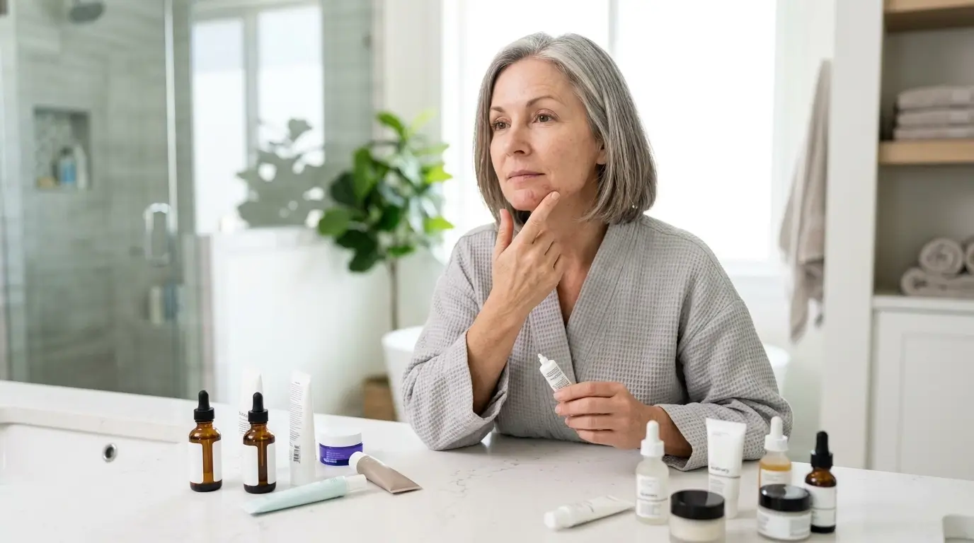 Mature woman with gray hair in a bathrobe examining a blemish on her chin in a bright bathroom, with various skincare products on the vanity.