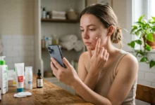 A young person sitting at a wooden table in a bright bathroom, holding a smartphone and applying a small dab of acne treatment cream to a blemish on their cheek, surrounded by various skincare bottles and dermatological products.