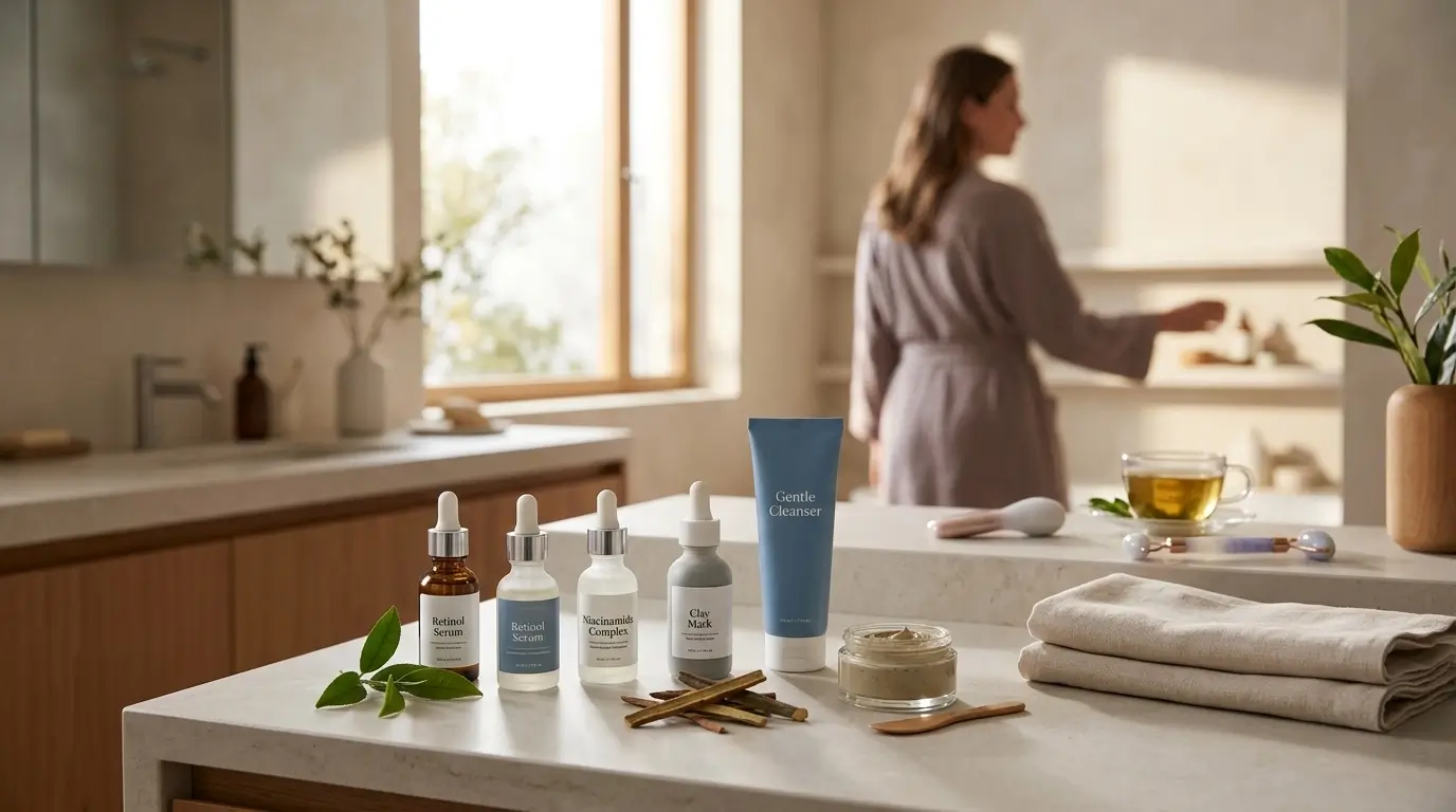 A serene, wide-angle view of a modern bathroom counter featuring dermatological skincare products like retinol and niacinamide serums, a gentle cleanser, and a clay mask, with a woman in a robe blurred in the warm, natural light of the background.