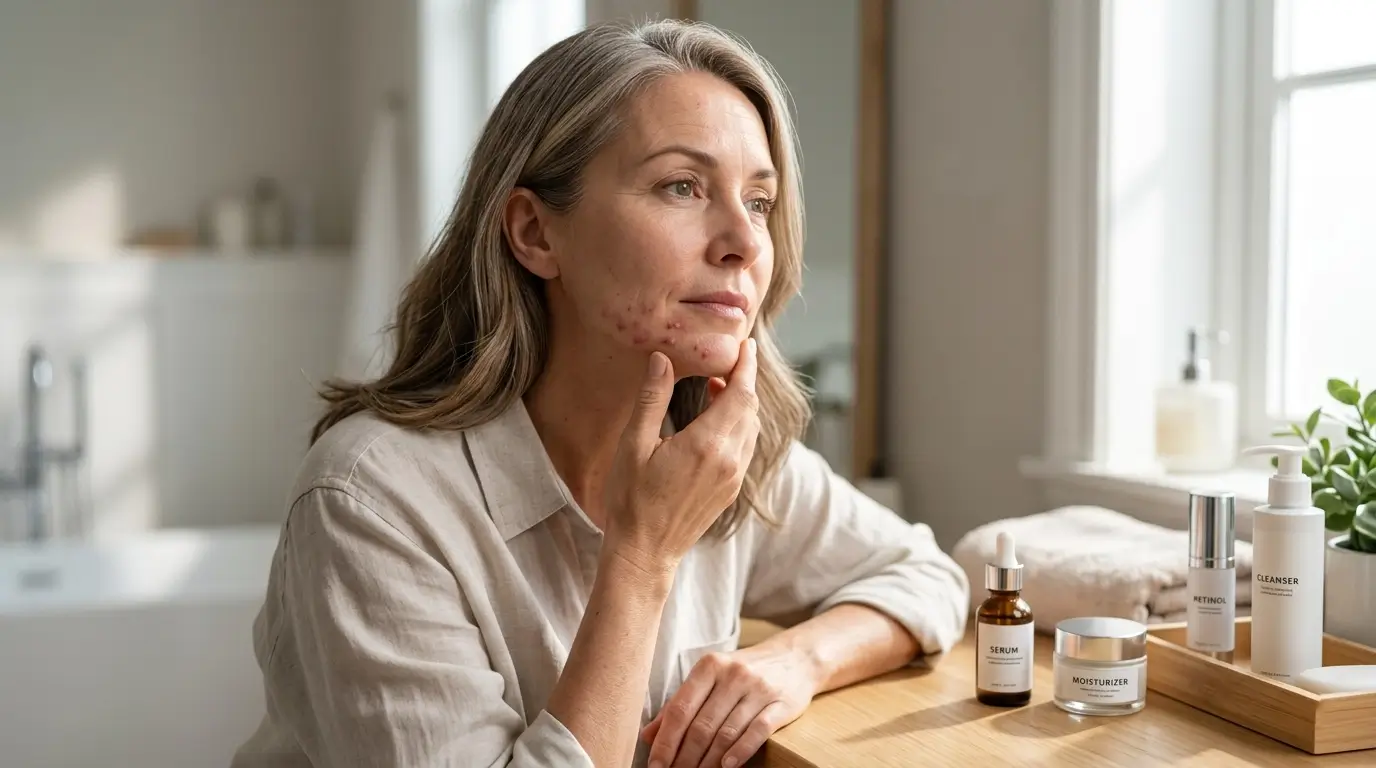 Mature woman experiencing adult acne breakouts on her jawline, looking at skincare products and treatments for women over 40.