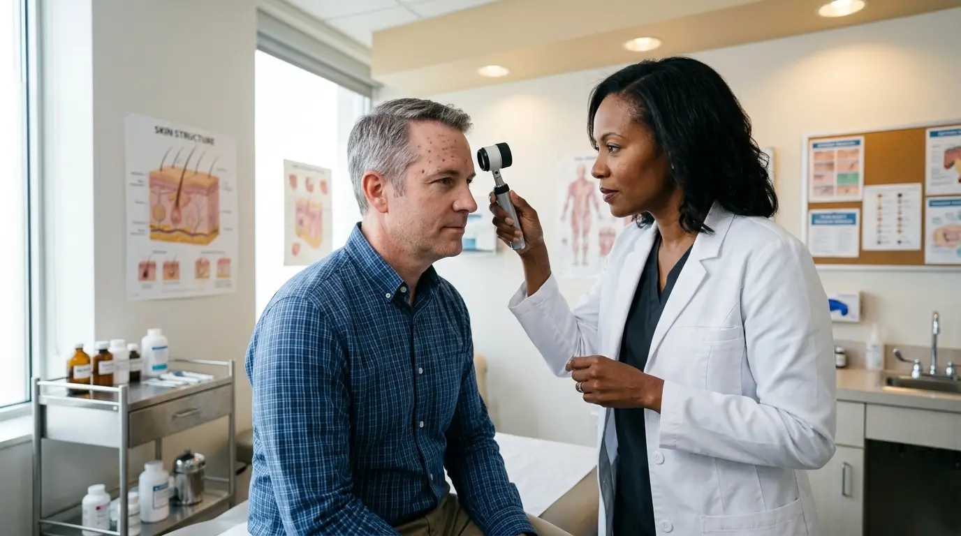 A middle-aged man over 40 receiving a skin examination for forehead acne from a dermatologist in a medical clinic.