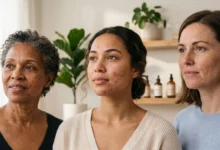 Three women of different ages and ethnicities standing together in bright, natural light, showcasing diverse skin conditions including adult acne, acne scars, and aging skin to represent skin health across a lifespan.