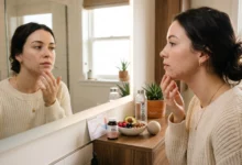 an adult woman examining acne blemishes on her jawline in a bathroom mirror, with a healthy bowl of food, a water bottle, and a hormone chart visible on the counter to represent diet, lifestyle, and hormonal triggers.