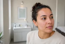 Adult woman with visible acne on cheeks and forehead in a bright dermatology-style skincare setting