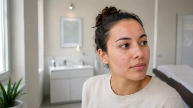 Adult woman with visible acne on cheeks and forehead in a bright dermatology-style skincare setting