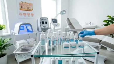 Professional dermatology treatment products and clinical equipment arranged on a glass cart, illustrating how to get rid of chin acne through expert skincare.