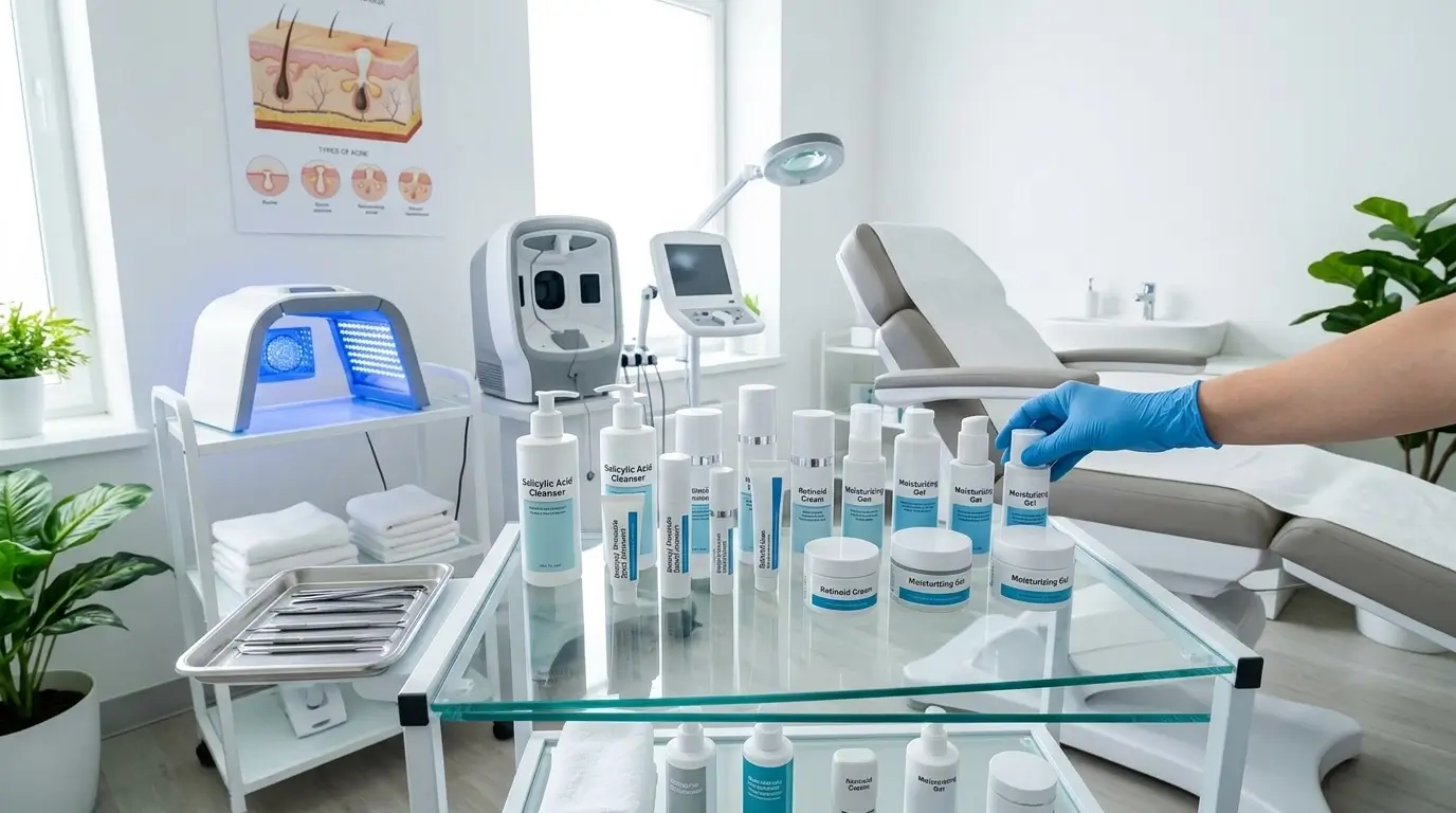 Professional dermatology treatment products and clinical equipment arranged on a glass cart, illustrating how to get rid of chin acne through expert skincare.