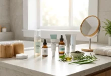 Skincare products and natural ingredients on a bright bathroom vanity for chin acne treatment.