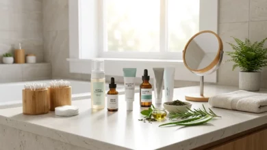 Skincare products and natural ingredients on a bright bathroom vanity for chin acne treatment.