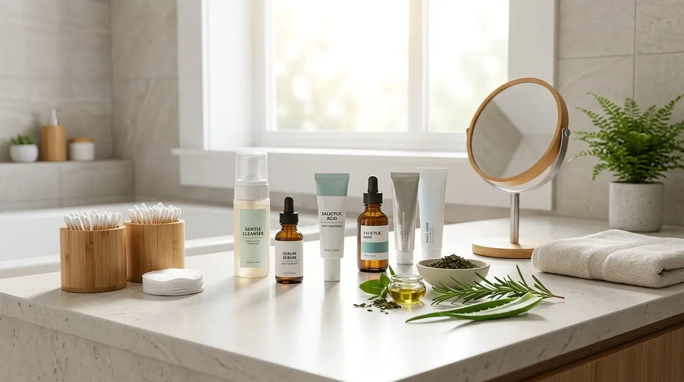 Skincare products and natural ingredients on a bright bathroom vanity for chin acne treatment.