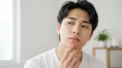 Young man with acne around chin and mouth area touching his face in a bright minimalist room