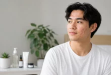 Young man with cheek and forehead acne in a bright skincare setting with gentle natural light and acne care products nearby