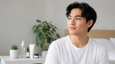 Young man with cheek and forehead acne in a bright skincare setting with gentle natural light and acne care products nearby