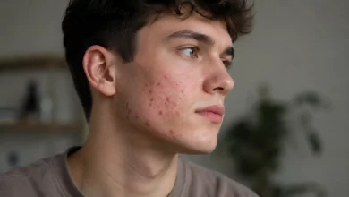 Close-up of a young man with cheek acne and visible skin texture for acne causes and skincare solutions blog post